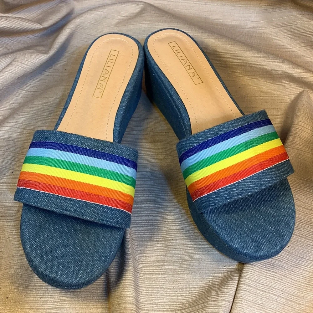 Liliana almost NEW worn once denim/rainbow sandals